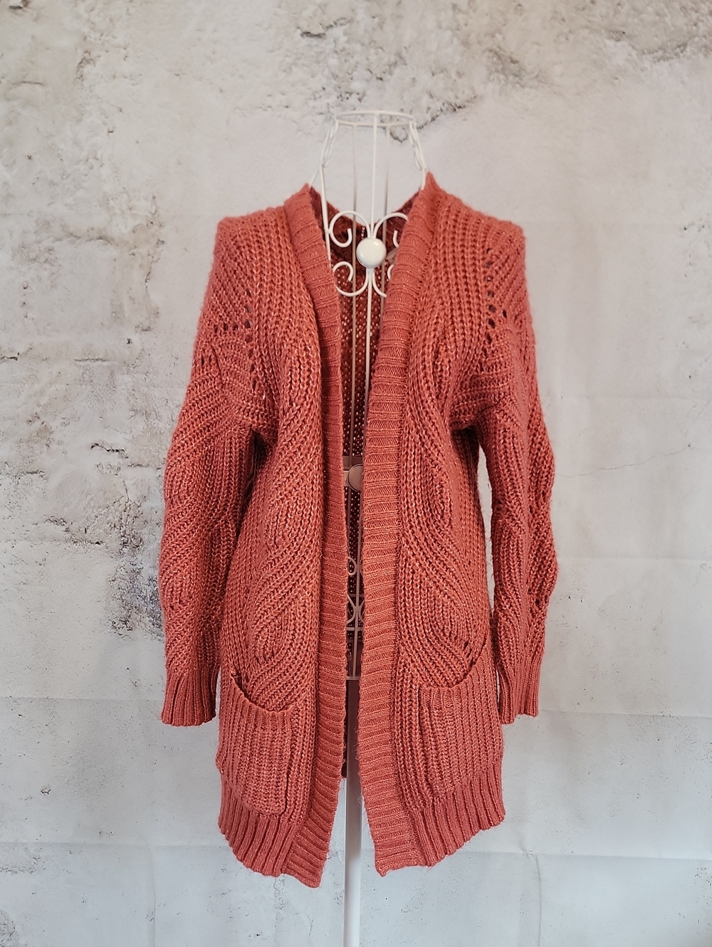 Hippie Rose Chunky Open-Front Cardigan Sweater - Rust Pink Wonens Size S